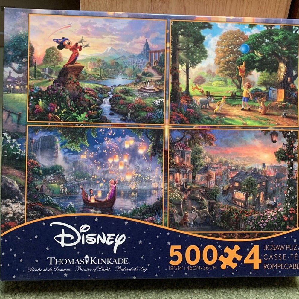 New 2 lb. Thomas Kinkade 4-In-1 Disney 500 Piece Jigsaw Puzzles Mickey Mouse Lot